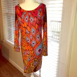 🦚🧡 Body Con Peacock Print Dress 🧡🦚